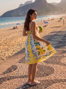 CAJUNI Women's Yellow Floral Print Casual Spaghetti Strap Vacation Dress,Vacation Outfits For Women - Yellow - View 3