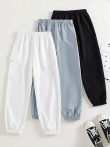 SHEIN 3件組買2送1兒童青少年男孩休閒寬鬆收口工裝褲，基礎下裝，黑色工裝褲、軍綠色工裝褲、卡其色工裝褲，適合秋冬、學校、家庭聚會，秋季穿搭，冬季穿搭 - 彩色 - 查看 4