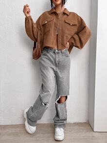 SHEIN LUNE 翻蓋口袋落肩短版夾克（不含背心上衣），秋冬休閒款 - 摩卡棕 - 查看 3