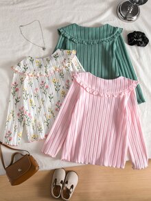 Young Girls T-Shirt, 3pcs/Set, Casual Fit, Daily Wear, Fashionable & Versatile, Crew Neck, Printed, Cute, Comfortable, Pattern, Autumn, Loose - Multicolor - View 2