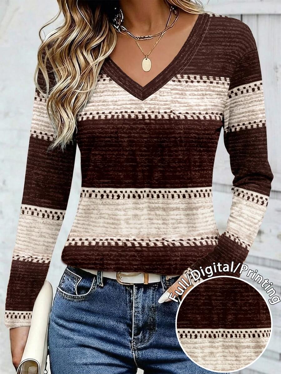 Breezaya Kaos Wanita Ukuran Besar Leher V Lengan Panjang, Atasan Motif Garis-garis Dewasa, Desain Pola Klasik, Serbaguna untuk Musim Gugur - MultiWarna - View 1