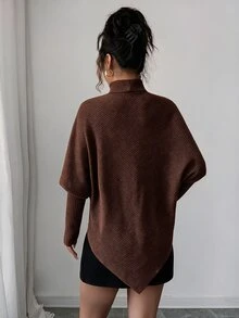 Elenzga 優雅設計不對稱下擺仿針織紋理羅紋高領時尚百搭女款基礎層 T-shirt - 棕色 - 查看 2
