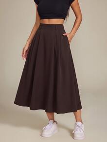 Vivamere Women's Solid Color High Waist Pocket Casual Commute Skirt - Brown - View 6