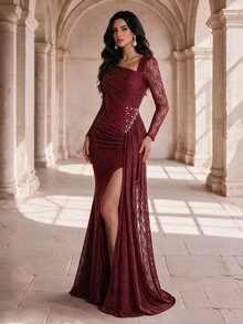 Coutiva Gaun Mermaid Mewah Elegan dengan Renda Elastis Transparan dan Lipatan Samping, Cocok untuk Pernikahan, Pesta, dan Acara Formal. - Burgundy - View 4