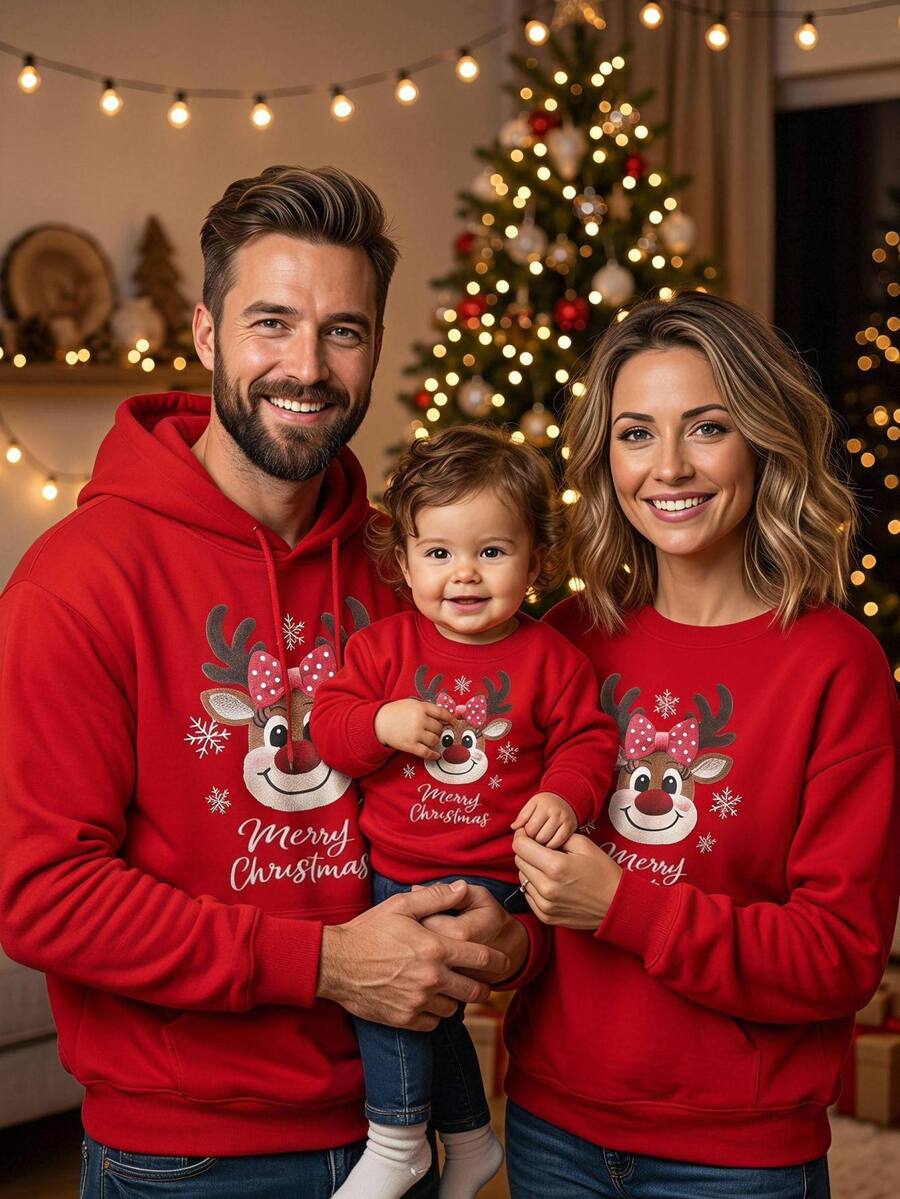 SHEIN Baby GirlCasual Comfortable Cute Cartoon Deer Pattern Crew Neck Sweatshirt - Red - View 1