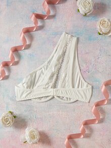 Elorette White Lace Patchwork Asymmetric Shoulder Non-Molded Cup Underwire Lift-Up Full Coverage Bra, Sexy Elegant Romantic Plus Size Bra & Wireless Bra - White - View 2