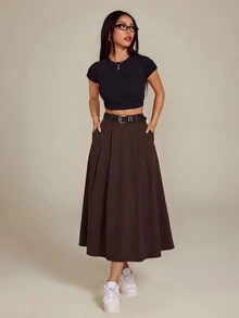 Vivamere Women's Solid Color High Waist Pocket Casual Commute Skirt - Brown - View 10