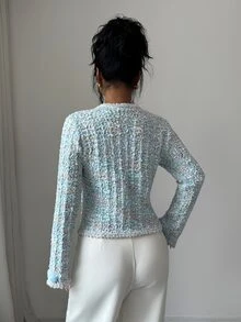 Elenzga Women's Solid Color Tweed Knit Round Neck Cable Knit Lace Trim Button Cuffs French Style Elegant Luxury Cardigan - Blue - View 3