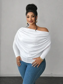Maweii Off-Shoulder Draped Long Sleeve Blouse, Solid Color Elastic Knit Cold Shoulder Elegant Top - White - View 3