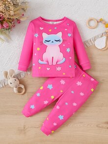SHEIN Infant Toddler Cute Comfortable Cartoon Print Pattern Fitted Pajama Set Loungewear Set - Hot Pink - View 3