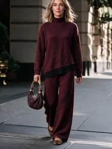 Louniche Elegant Lace Trim Hem Long Sleeve Design Women's 2 Pieces Set - Burgundy - View 4