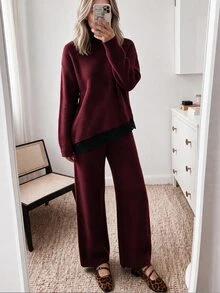 Louniche Elegant Lace Trim Hem Long Sleeve Design Women's 2 Pieces Set - Burgundy - View 1