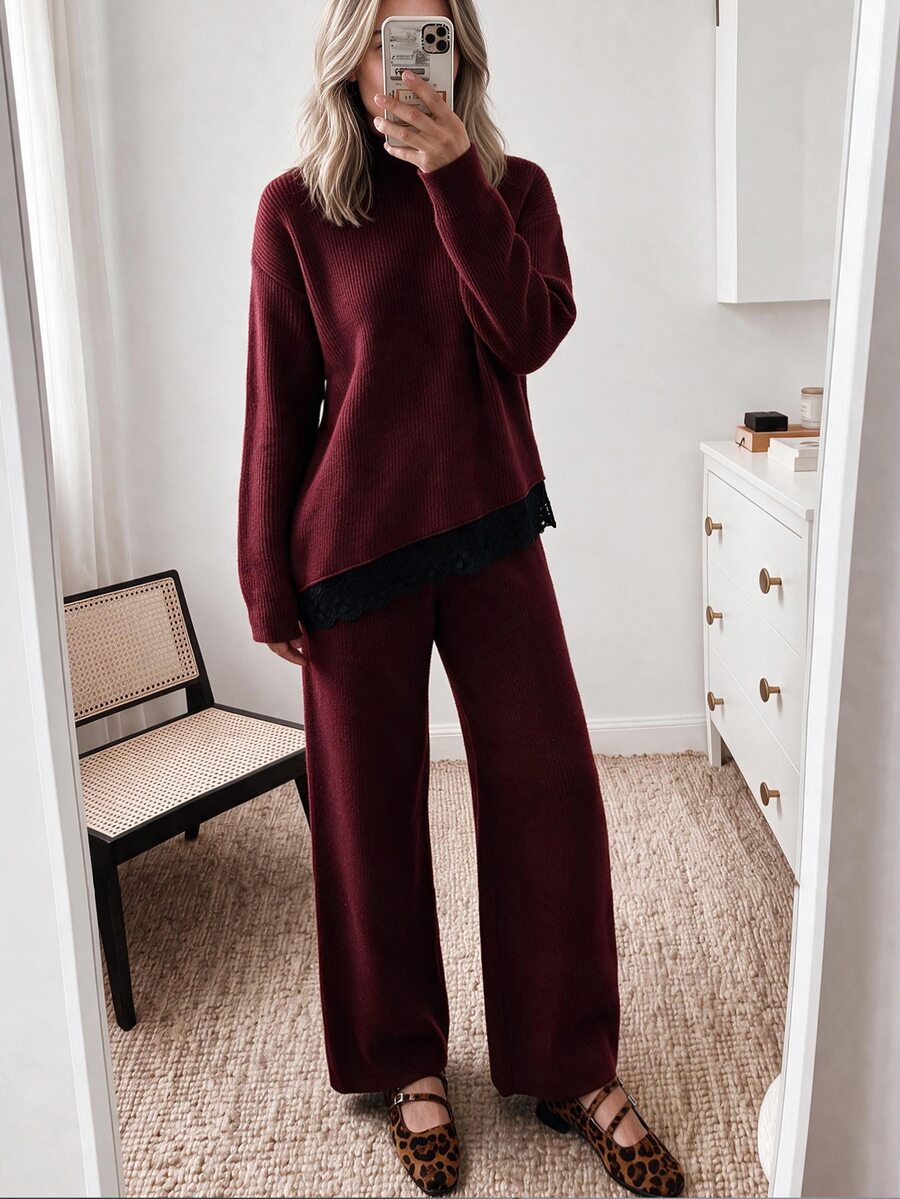 Louniche Elegant Lace Trim Hem Long Sleeve Design Women's 2 Pieces Set - Burgundy - View 1
