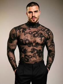 ZURIURI Men's Sexy Streetwear Sheer Dragon Pattern Fashion Top Club Rave Black Fall - Black - View 4