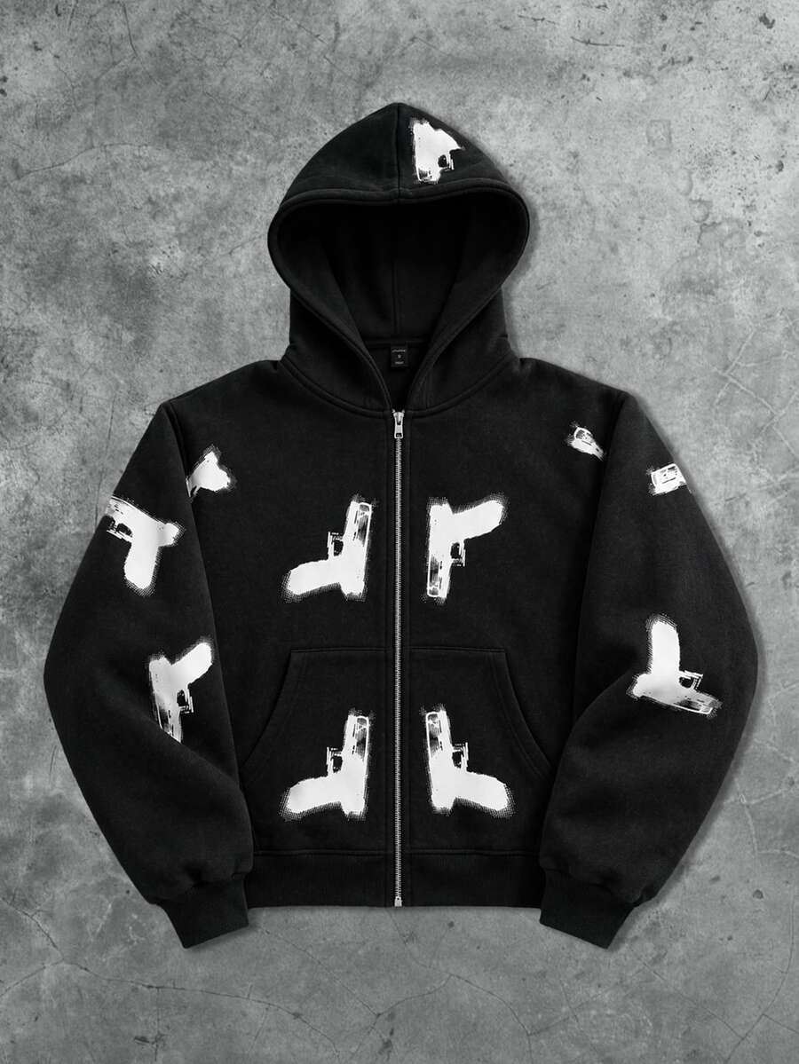 ROMWE MEN Men's Loose Fit Zip-Up Hoodie With Pistol Print Pattern - Black - View 1