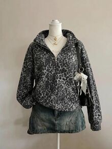 SHEIN EZwear 秋季新款復古做舊老錢風豹紋圖案灰色寬鬆半拉鍊高領薄款運動衫套頭衫，秋季上衣，適合日常通勤、聚會、秋冬/夏季、聖誕節、新年、感恩節、派對、婚禮、海灘、畢業典禮、優雅、出遊、約會、通勤、情人節、優雅、度假 - 灰色 - 查看 1