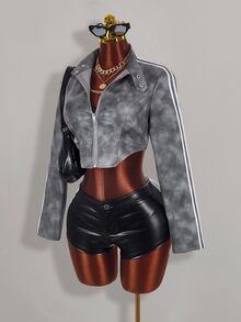 Amplova Autumn/Winter Fur Collar Patchwork PU Women's Jacket - Grey - View 7