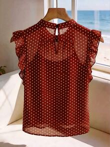 SHEIN Franclia Women's New Black With White Polka Dot Chiffon Sleeveless Blouse | French Vintage Sweet & Cool Style, Lightweight Chiffon Fabric Suitable For Dating/Shopping/Afternoon Tea, Double Layer Ruffle Sleeves + Stand Collar With Pleats, Fresh And Elegant, French Elegant Blouse, Elegant Blouse, Women's Vacation Blouse, Polka Dot Blouse - Red - View 2