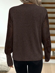 Easowa Women's Round Neck Lantern Sleeve Lace Patchwork Ribbed Texture Casual Autumn/Winter Base Layer Top Business Brunch Dark Brown Floral - Brown - View 2