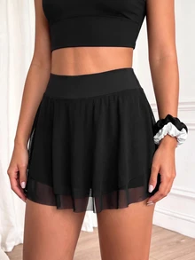 SHEIN Unity Plus Size Athletic Casual Skort With Criss-Cross Mesh Layered Mini Skirt And Fitted Undershorts, Tennis Sport Style - Black - View 3