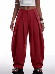 SHEIN EZwear 酒紅色秋冬復古休閒街頭風寬鬆版型軍綠色弧形下擺大尺碼長褲 - 酒紅色 - 查看 3