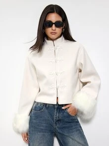 Maija Women's Solid Color Frog Button Design Patchwork Faux Fur Cuff Chinese Style Overcoat,Going Out Outfits, Work Outfits For Women,Fall Clothes - Apricot - View 6