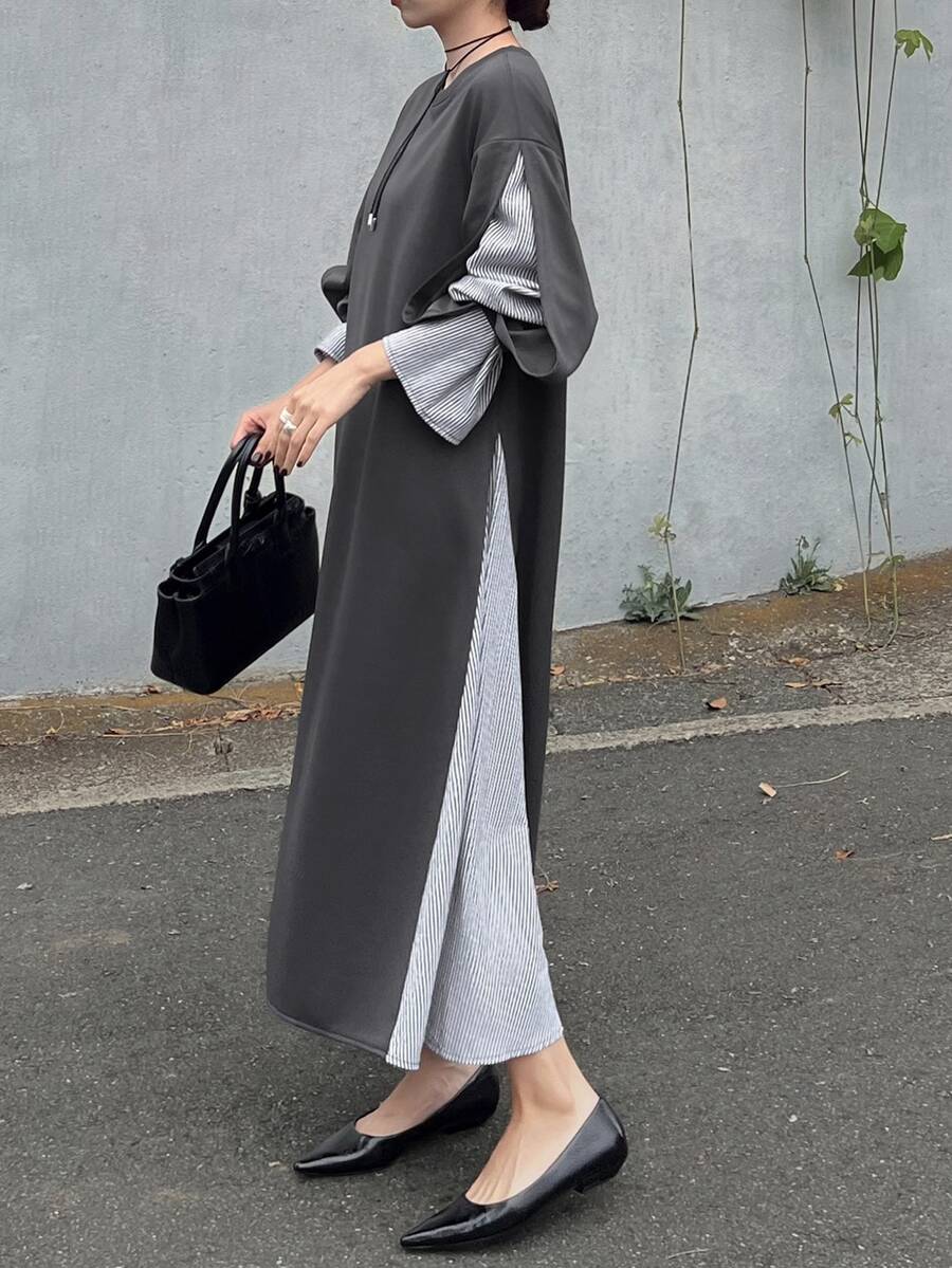 FRIFUL Women's Autumn Patchwork Striped Bell Sleeve Straight Long Dress - Grey - View 1