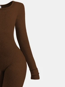 SHEIN 青少年女孩休閒百搭美式風方領修身針織連身褲 - 咖啡棕 - 查看 5