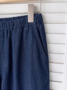SHEIN EZwear 女款長袖單排扣襯衫與長褲休閒牛仔套裝 - 深色水洗藍 - 查看 4