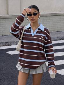 Muchica 女款 Polo 領長袖寬鬆加厚衛衣，適合秋冬，學院風返校校園穿搭，社團服飾，青年休閒風，低調百搭街頭穿搭，咖啡廳慵懶氛圍造型 - 彩色 - 查看 6