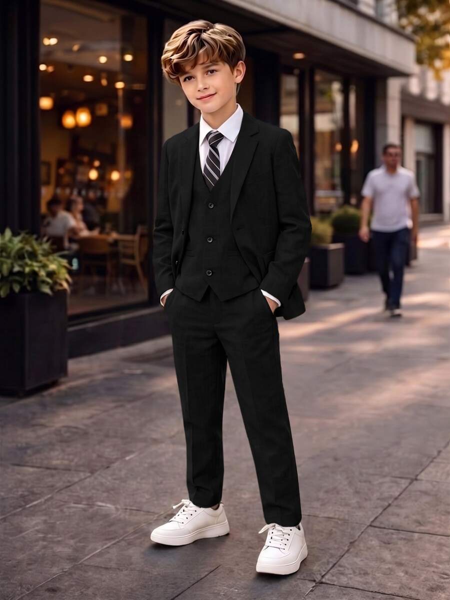 SHEIN 3件組兒童青少年男孩極簡剪影高級黑色格紋西裝套裝,附配套領帶,適合婚禮季、休閒上學,舒適時尚,簡約實用百搭,柔軟面料,適合日常穿著、學校、假日派對,四季皆宜 - 黑色 - 查看 1
