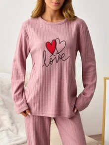 SHEIN Women Heart Embroidery Ribbed Crew Neck Long Sleeve Top And Straight Leg Pants 2-Piece Casual Pajama Set - Dusty Pink - View 4
