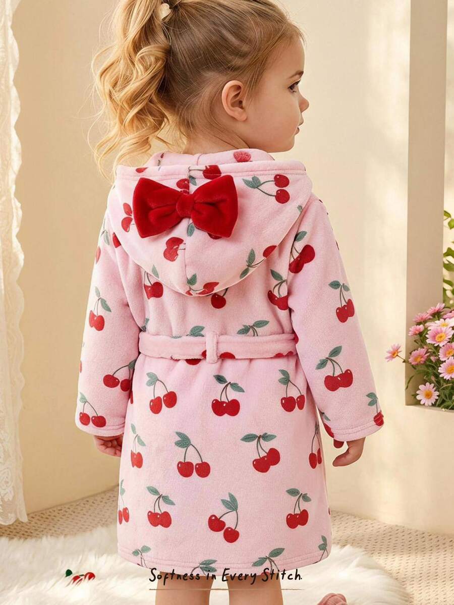 Cozy Pixies Baby Girl Cherry Pattern Long Sleeve Bow Decor Hooded Loungewear Robe - Pink - View 1