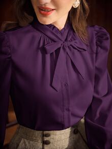 Vintamour Women's Solid Color Ruffle Tie Neck Long Sleeve Elegant Blouse - Purple - View 2