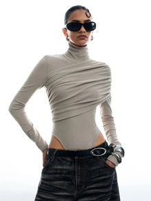 LYSMO Women's Solid Color Ruched Fitted Versatile Daily Wear Bodysuit - Beige - View 5