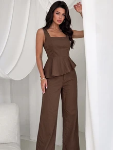Firerie Bộ đồ denim nữ gồm áo sát nách cổ vuông gấu bèo nhún và quần dài - màu nâu - Xem 11
