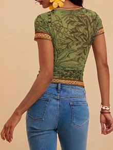 Travachic 女款棕櫚樹印花圓領短袖修身上衣 - 彩色 - 查看 2
