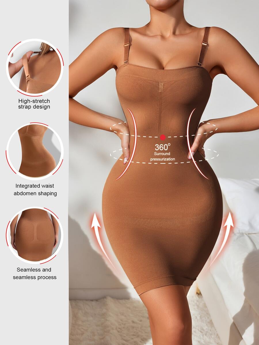 SHEIN 1件女款素色休閒細肩帶緊身洋裝 - 棕色 - 查看 1