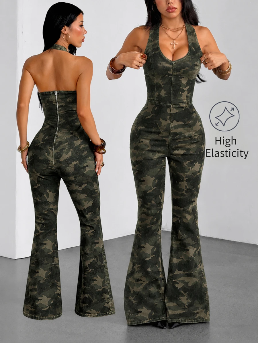 SHEIN Tall Women's Camouflage Back Zipper Design Flare Sleeve Halter Neck Denim Jumpsuit - Multicolor - View 1