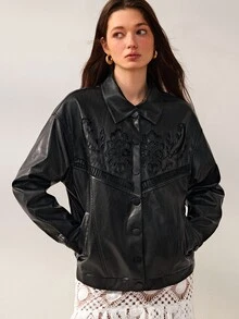 Willow Rêve Women's Black PU Embroidered Loose Jacket - Black - View 5