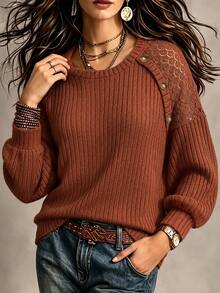 SHEIN LUNE CURVE Women's Round Neck Lace Patchwork Long Sleeve Sweatshirt, Casual Outing Top, Autumn/Winter Fall - Redwood - View 5