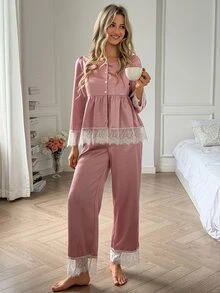 DAZY Women's Lace Patchwork Satin Top And Pants Pajama Set - Dusty Pink - View 6