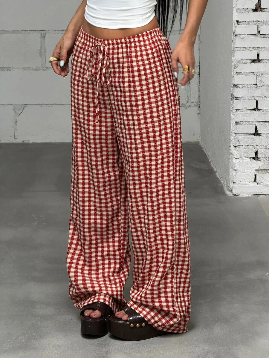 SHEIN ICON 新款復古格紋直筒寬腿休閒通勤甜美長褲 - 酒紅色 - 查看 1