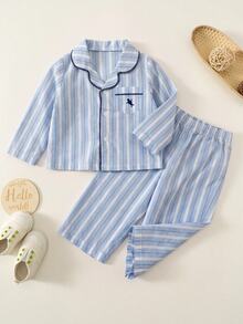 Baby Boy Striped Collared Contrast Trim Long Sleeve Loose Thick Open Front Top And Straight Leg Pants Set, Versatile For Winter - Blue and White - View 1