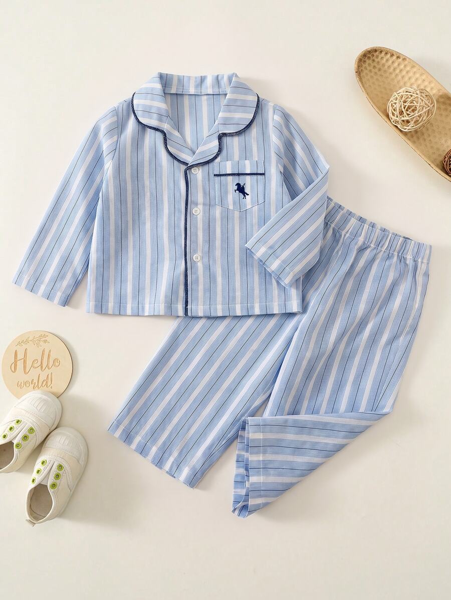 Baby Boy Striped Collared Contrast Trim Long Sleeve Loose Thick Open Front Top And Straight Leg Pants Set, Versatile For Winter - Blue and White - View 1