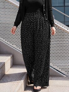 Bijouette Plus Size Women Polka Dot Print Elastic Waist Wide Leg Loose Long Pants - Black - View 6