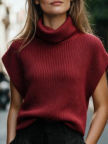 Omancia Elegant Cowl Neck Cap Sleeve Design Women's Sweater - Red - View 6