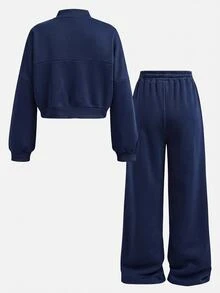 SHEIN 兒童青少年女孩秋季兩件套長袖連帽衫＋寬腿運動長褲休閒套裝，適合日常穿著、街頭穿搭，休閒舒適 - 彩色 - 查看 2