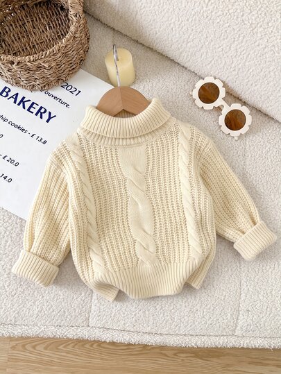 SHEIN Baby Girl Baby Boy Textured Jacquard Cable Knit High Neck Long Sleeve Thick Pullover Top Suitable For Winter