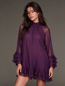 CielaLinda Women's Purple Boho Chiffon Mini Dress, Long Sleeve Ruffle Dress - Purple - View 3